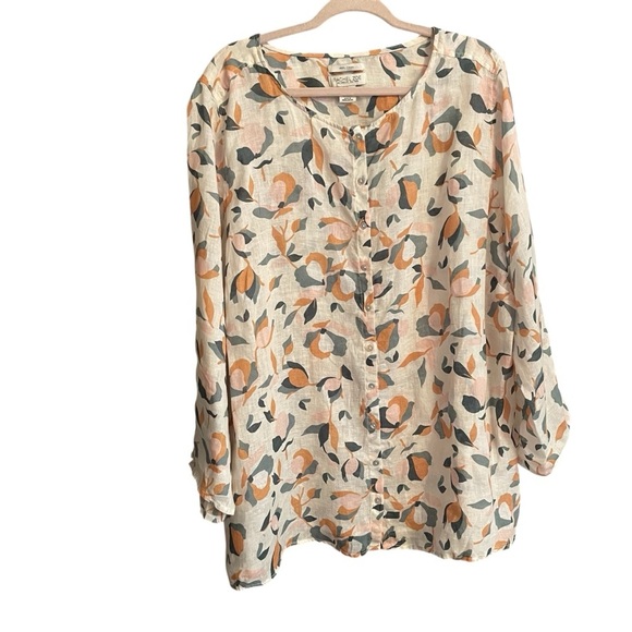 Rachel Zoe Tops - Rachel Zoe Floral- Button front/Tab Sleeves-Plus Size 3X 100% Linen Blouse/Tunic